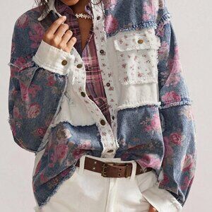 Multicolor Boho Women's Woven Patchwork Long Sleeve Loose Regular Jacket